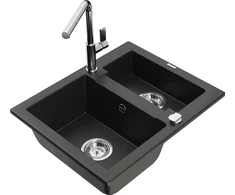 Granitinė virtuvinė plautuvė Mexen Carlos su maišytuvu ir sifonu, Metallic juodas/auksinis+Chrome
