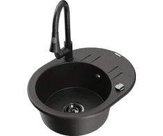 Granitinė virtuvinė plautuvė Mexen Kevin su maišytuvu ir sifonu, Metallic juodas/auksinis+Juodas