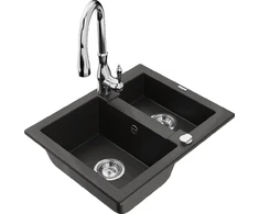 Granitinė virtuvinė plautuvė Mexen Carlos su maišytuvu ir sifonu, Metallic juodas/auksinis+Chrome