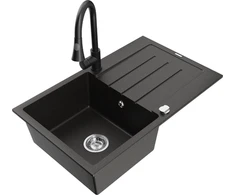 Granitinė virtuvinė plautuvė Mexen Bruno su maišytuvu ir sifonu, Metallic juodas/auksinis+Juodas