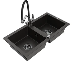 Granitinė virtuvinė plautuvė Mexen Mario su maišytuvu ir sifonu, Metallic juodas/auksinis+Juodas/Chrome
