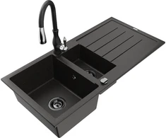 Granitinė virtuvinė plautuvė Mexen Andres su maišytuvu ir sifonu, Metallic juodas/auksinis+Juodas