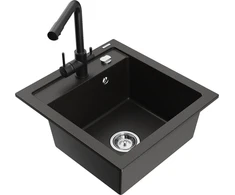Granitinė virtuvinė plautuvė Mexen Vito su maišytuvu ir sifonu, Metallic juodas/auksinis+Juodas