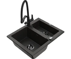 Granitinė virtuvinė plautuvė Mexen Carlos su maišytuvu ir sifonu, Metallic juodas/auksinis+Juodas