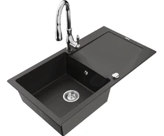 Granitinė virtuvinė plautuvė Mexen Leo su maišytuvu ir sifonu, Metallic juodas/auksinis+Chrome
