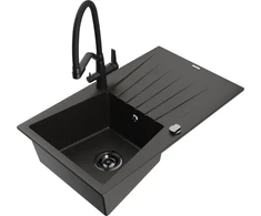 Granitinė virtuvinė plautuvė Mexen Cesar su maišytuvu ir sifonu, Metallic juodas/auksinis+Juodas