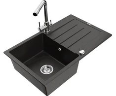 Granitinė virtuvinė plautuvė Mexen Bruno su maišytuvu ir sifonu, Metallic juodas/auksinis+Chrome