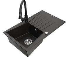 Granitinė virtuvinė plautuvė Mexen Cesar su maišytuvu ir sifonu, Metallic juodas/auksinis+Juodas