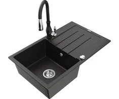 Granitinė virtuvinė plautuvė Mexen Bruno su maišytuvu ir sifonu, Metallic juodas/auksinis+Juodas