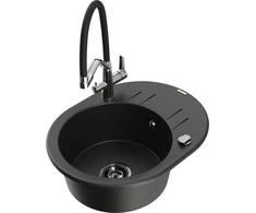 Granitinė virtuvinė plautuvė Mexen Kevin su maišytuvu ir sifonu, Metallic juodas/auksinis+Juodas/Chrome