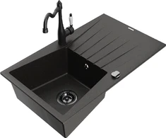 Granitinė virtuvinė plautuvė Mexen Cesar su maišytuvu ir sifonu, Metallic juodas/auksinis+Juodas