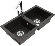 Granitinė virtuvinė plautuvė Mexen Mario su maišytuvu ir sifonu, Metallic juodas/auksinis+Chrome