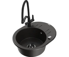 Granitinė virtuvinė plautuvė Mexen Kevin su maišytuvu ir sifonu, Metallic juodas/auksinis+Juodas
