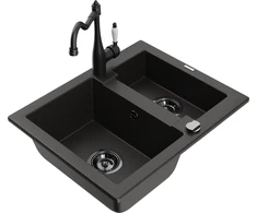 Granitinė virtuvinė plautuvė Mexen Carlos su maišytuvu ir sifonu, Metallic juodas/auksinis+Juodas