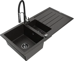 Granitinė virtuvinė plautuvė Mexen Andres su maišytuvu ir sifonu, Metallic juodas/auksinis+Juodas/Chrome