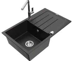 Granitinė virtuvinė plautuvė Mexen Bruno su maišytuvu ir sifonu, Metallic juodas/auksinis+Chrome