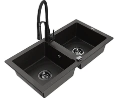 Granitinė virtuvinė plautuvė Mexen Mario su maišytuvu ir sifonu, Metallic juodas/auksinis+Juodas