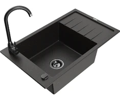 Granitinė virtuvinė plautuvė Mexen Elias su maišytuvu ir sifonu, Metallic juodas/auksinis+Juodas