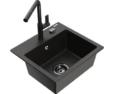 Granitinė virtuvinė plautuvė Mexen Milo su maišytuvu ir sifonu, Metallic juodas/auksinis+Juodas