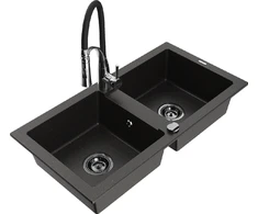Granitinė virtuvinė plautuvė Mexen Mario su maišytuvu ir sifonu, Metallic juodas/auksinis+Juodas/Chrome