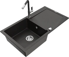 Granitinė virtuvinė plautuvė Mexen Leo su maišytuvu ir sifonu, Metallic juodas/auksinis+Juodas/Chrome