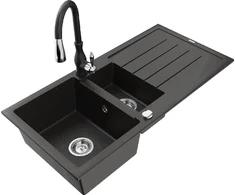 Granitinė virtuvinė plautuvė Mexen Andres su maišytuvu ir sifonu, Metallic juodas/auksinis+Juodas