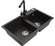 Granitinė virtuvinė plautuvė Mexen Tomas su maišytuvu ir sifonu, Metallic juodas/auksinis+Juodas
