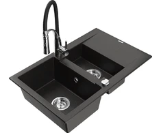 Granitinė virtuvinė plautuvė Mexen Gaspar su maišytuvu ir sifonu, Metallic juodas/auksinis+Juodas/Chrome