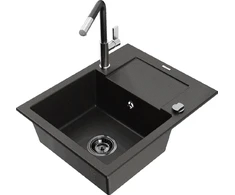 Granitinė virtuvinė plautuvė Mexen Enzo su maišytuvu ir sifonu, Metallic juodas/auksinis+Juodas/Chrome