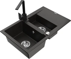 Granitinė virtuvinė plautuvė Mexen Gaspar su maišytuvu ir sifonu, Metallic juodas/auksinis+Juodas