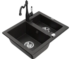 Granitinė virtuvinė plautuvė Mexen Carlos su maišytuvu ir sifonu, Metallic juodas/auksinis+Juodas
