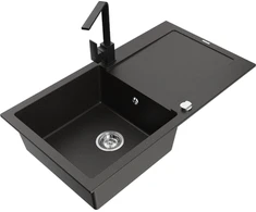 Granitinė virtuvinė plautuvė Mexen Leo su maišytuvu ir sifonu, Metallic juodas/auksinis+Juodas