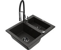 Granitinė virtuvinė plautuvė Mexen Carlos su maišytuvu ir sifonu, Metallic juodas/auksinis+Juodas/Chrome