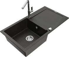 Granitinė virtuvinė plautuvė Mexen Leo su maišytuvu ir sifonu, Metallic juodas/auksinis+Chrome