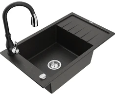 Granitinė virtuvinė plautuvė Mexen Elias su maišytuvu ir sifonu, Metallic juodas/auksinis+Juodas