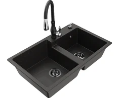 Granitinė virtuvinė plautuvė Mexen Tomas su maišytuvu ir sifonu, Metallic juodas/auksinis+Juodas