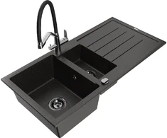 Granitinė virtuvinė plautuvė Mexen Andres su maišytuvu ir sifonu, Metallic juodas/auksinis+Juodas/Chrome
