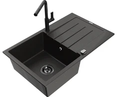 Granitinė virtuvinė plautuvė Mexen Bruno su maišytuvu ir sifonu, Metallic juodas/auksinis+Juodas