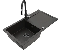Granitinė virtuvinė plautuvė Mexen Leo su maišytuvu ir sifonu, Metallic juodas/auksinis+Juodas
