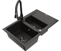 Granitinė virtuvinė plautuvė Mexen Gaspar su maišytuvu ir sifonu, Metallic juodas/auksinis+Juodas