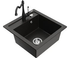 Granitinė virtuvinė plautuvė Mexen Vito su maišytuvu ir sifonu, Metallic juodas/auksinis+Juodas