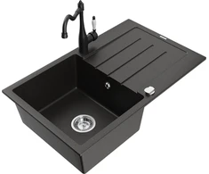 Granitinė virtuvinė plautuvė Mexen Bruno su maišytuvu ir sifonu, Metallic juodas/auksinis+Juodas
