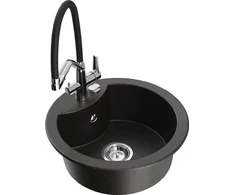 Granitinė virtuvinė plautuvė Mexen Diego su maišytuvu ir sifonu, Metallic juodas/auksinis+Juodas/Chrome