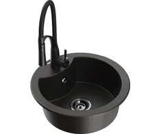 Granitinė virtuvinė plautuvė Mexen Diego su maišytuvu ir sifonu, Metallic juodas/auksinis+Juodas