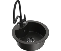 Granitinė virtuvinė plautuvė Mexen Diego su maišytuvu ir sifonu, Metallic juodas/auksinis+Juodas