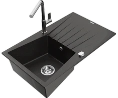 Granitinė virtuvinė plautuvė Mexen Cesar su maišytuvu ir sifonu, Metallic juodas/auksinis+Chrome