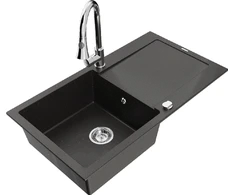 Granitinė virtuvinė plautuvė Mexen Leo su maišytuvu ir sifonu, Metallic juodas/auksinis+Chrome