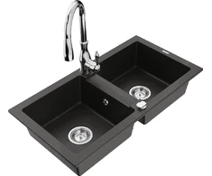 Granitinė virtuvinė plautuvė Mexen Mario su maišytuvu ir sifonu, Metallic juodas/auksinis+Chrome