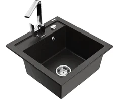 Granitinė virtuvinė plautuvė Mexen Vito su maišytuvu ir sifonu, Metallic juodas/auksinis+Chrome