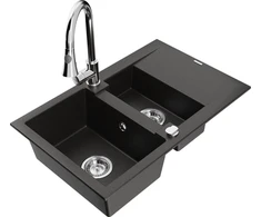 Granitinė virtuvinė plautuvė Mexen Gaspar su maišytuvu ir sifonu, Metallic juodas/auksinis+Chrome